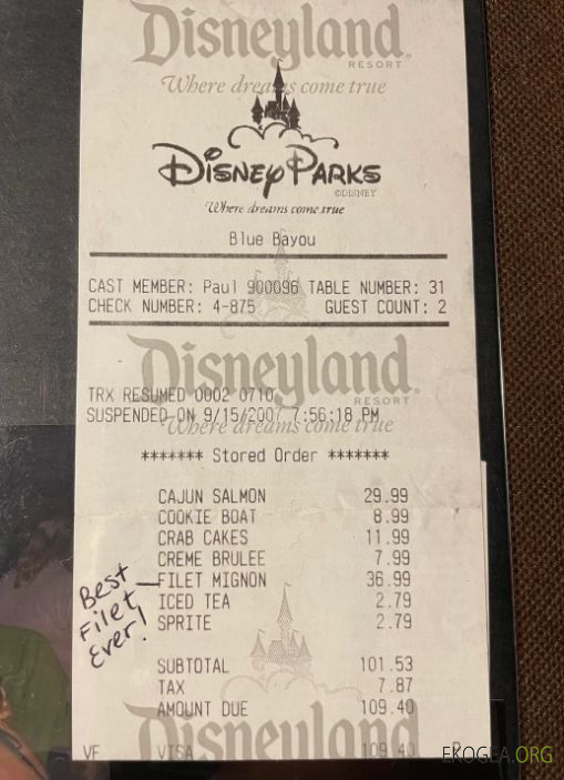 Chèque de paiement du parc Disneyland